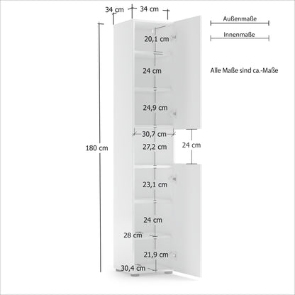 Vida 2 Door 34cm White Gloss Tall Free Standing Bathroom Storage Cabinet - FurniComp