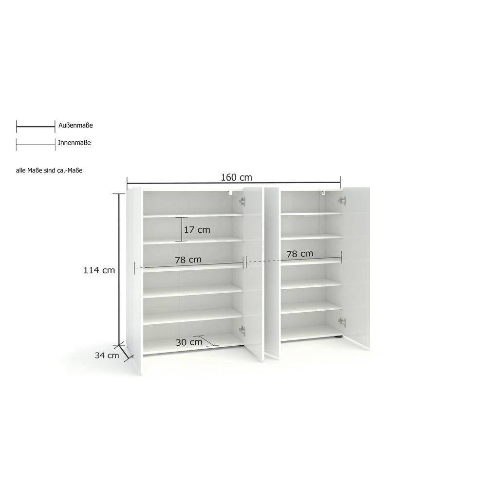 Vida 4 Door 160cm White Gloss 50 Pair Large Wide Shoe Cabinet - FurniComp