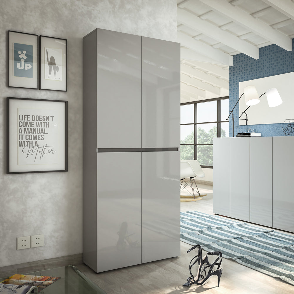 Vida 4 Door 80cm Grey Gloss Tall Shoe Cabinet/Storage Cupboard - FurniComp