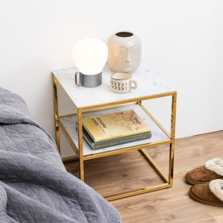 Violet 2 Tier Side Table/Lamp Table- White Marble & Gold - FurniComp