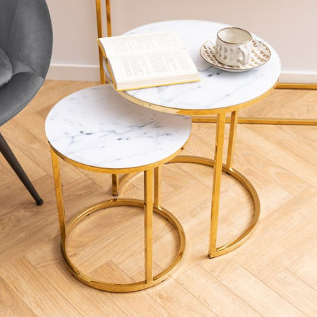 Violet Nest of 2 Round Tables- White Marble & Gold - FurniComp