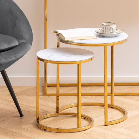 Violet Nest of 2 Round Tables- White Marble & Gold - FurniComp