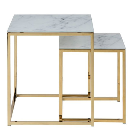 Violet Nest of 2 Square Tables- White Marble & Gold - FurniComp