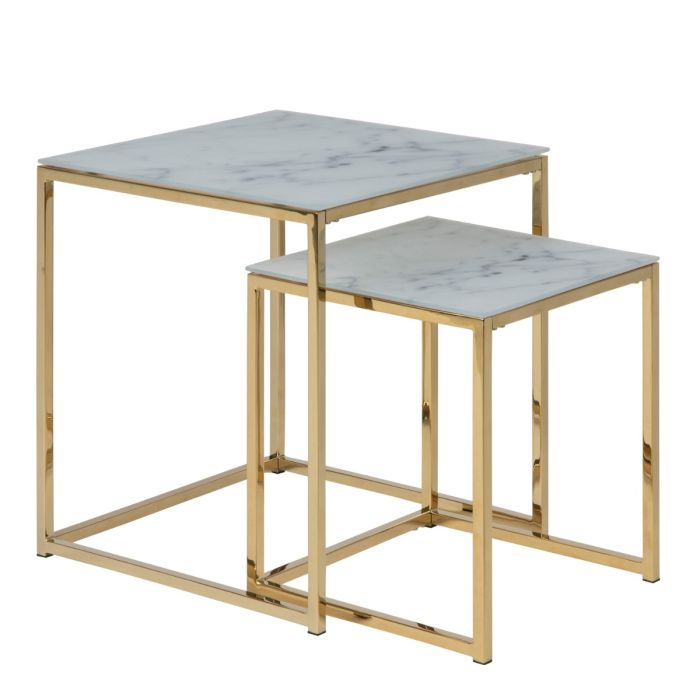 Violet Nest of 2 Square Tables- White Marble & Gold - FurniComp