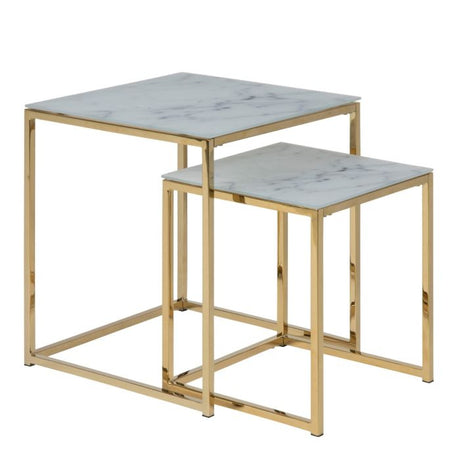 Violet Nest of 2 Square Tables- White Marble & Gold - FurniComp