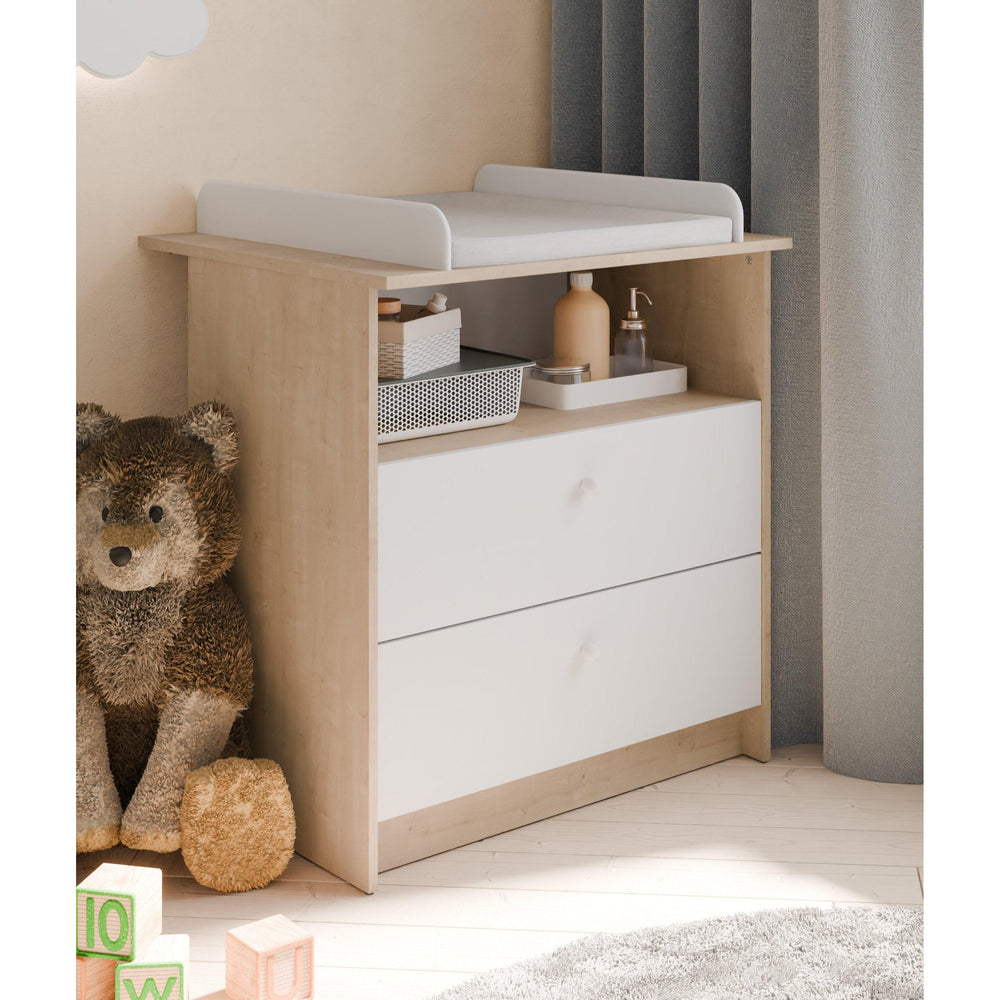 Violet 2 Drawer Baby Changing Table- Matt White & Hamilton Oak - FurniComp