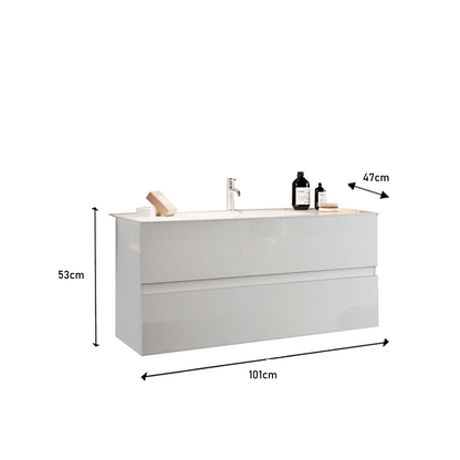 Vivia 2 Drawer White High Gloss 1010mm Wall Hung Countertop Vanity Unit with Sink - FurniComp