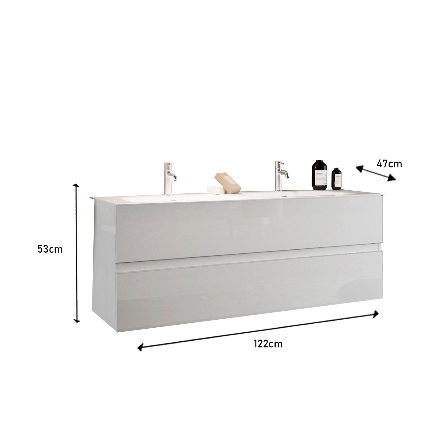 Vivia 2 Drawer White High Gloss 1220mm Wall Hung Double Sink Vanity Unit - FurniComp