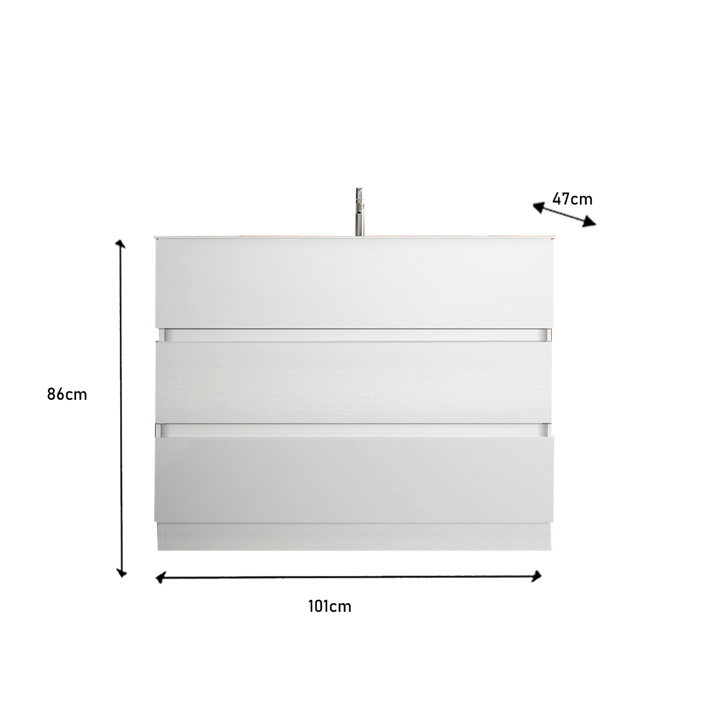 Vivia 3 Drawer White High Gloss 1010mm Free Standing Countertop Vanity Unit - FurniComp