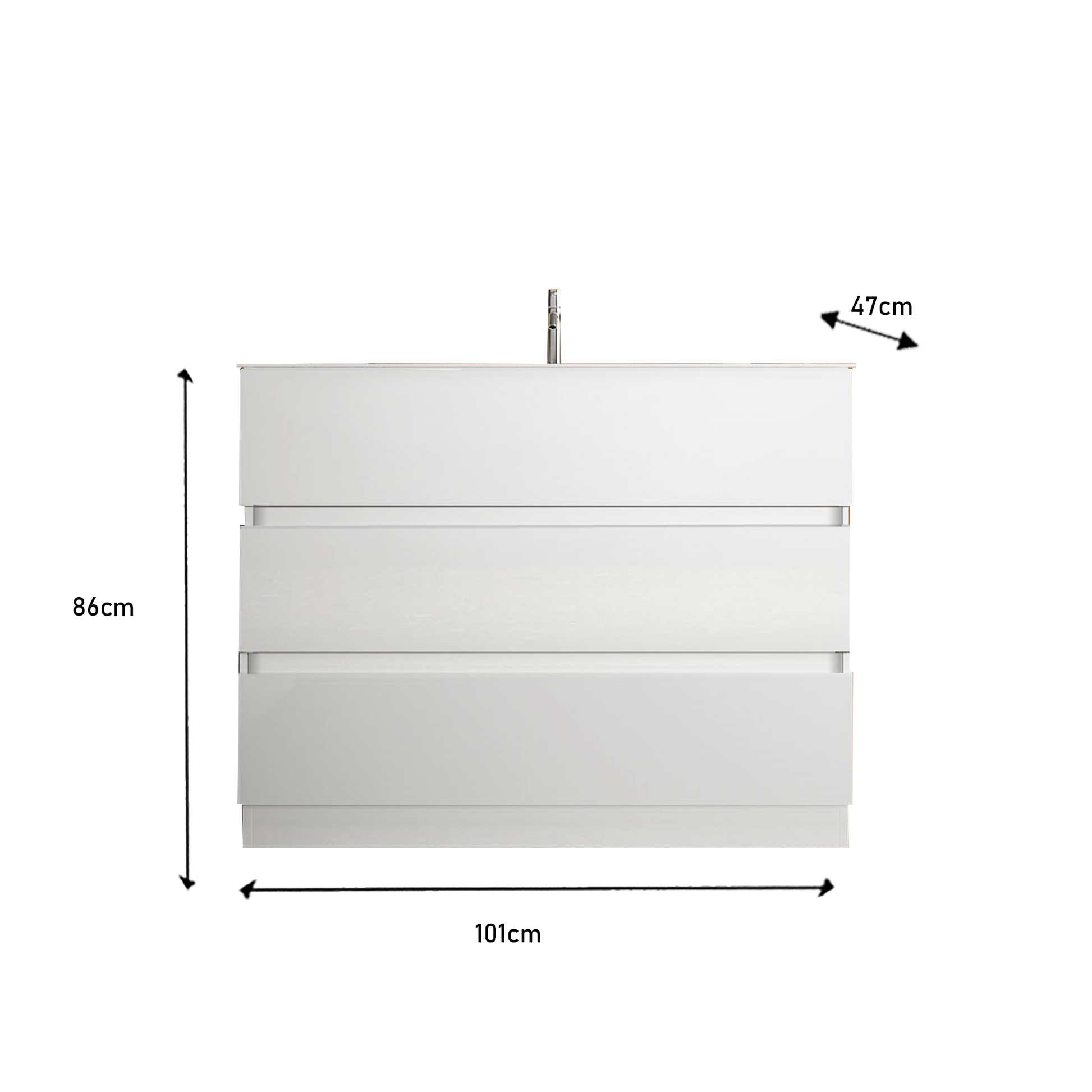 Vivia 3 Drawer White High Gloss 1010mm Free Standing Countertop Vanity Unit - FurniComp