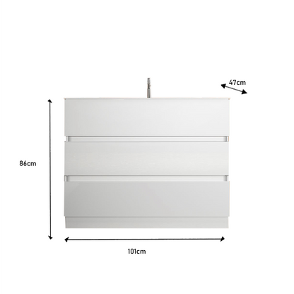 Vivia 3 Drawer White High Gloss 1010mm Free Standing Countertop Vanity Unit - FurniComp