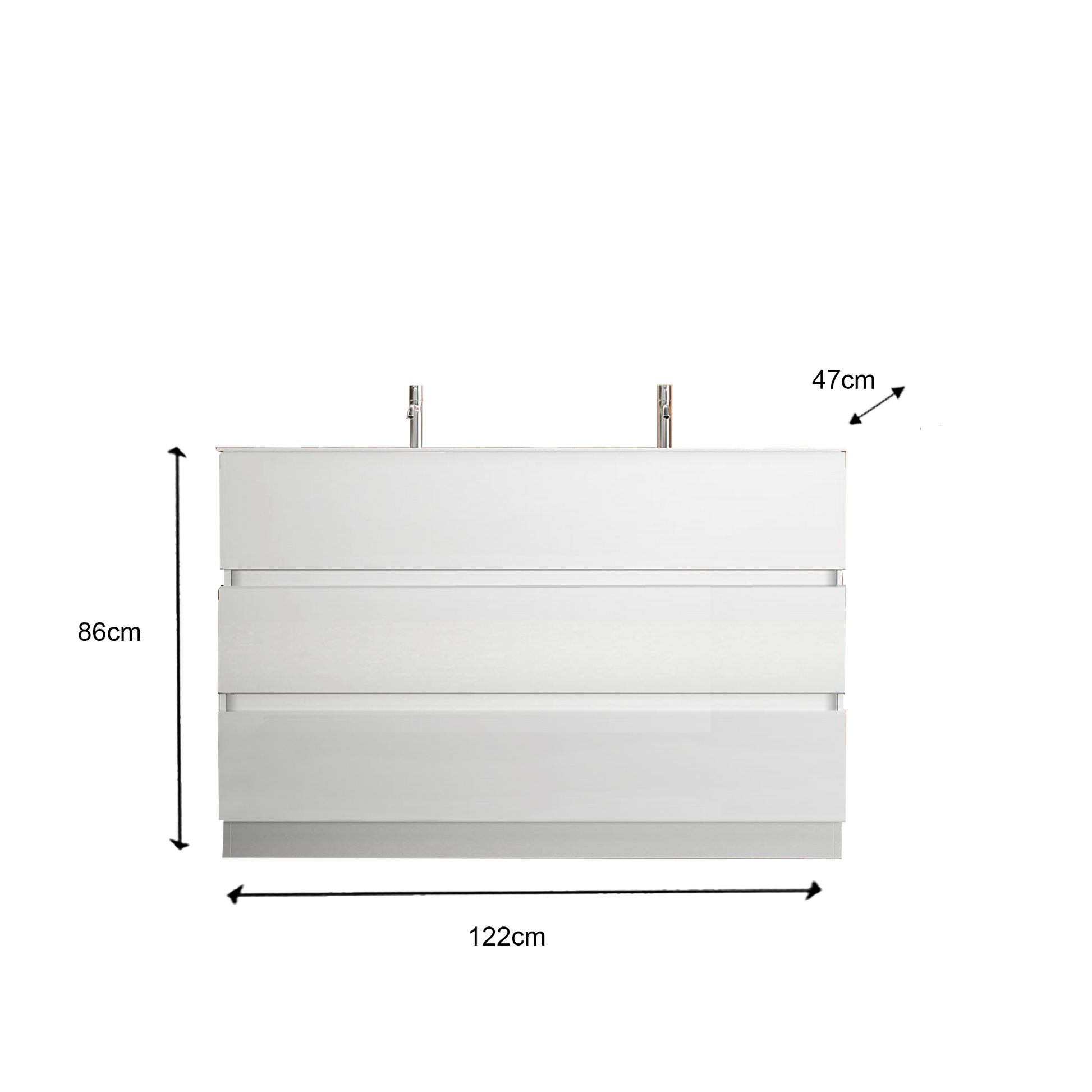 Vivia 3 Drawer White High Gloss 1220mm Free Standing Double Sink Vanity Unit - FurniComp