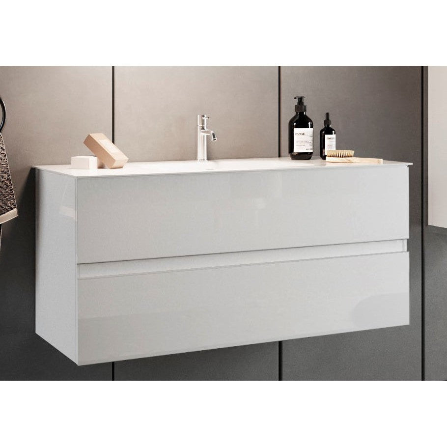 Vivia 2 Drawer White High Gloss 820mm Wall Hung Countertop Vanity Unit with Sink - FurniComp