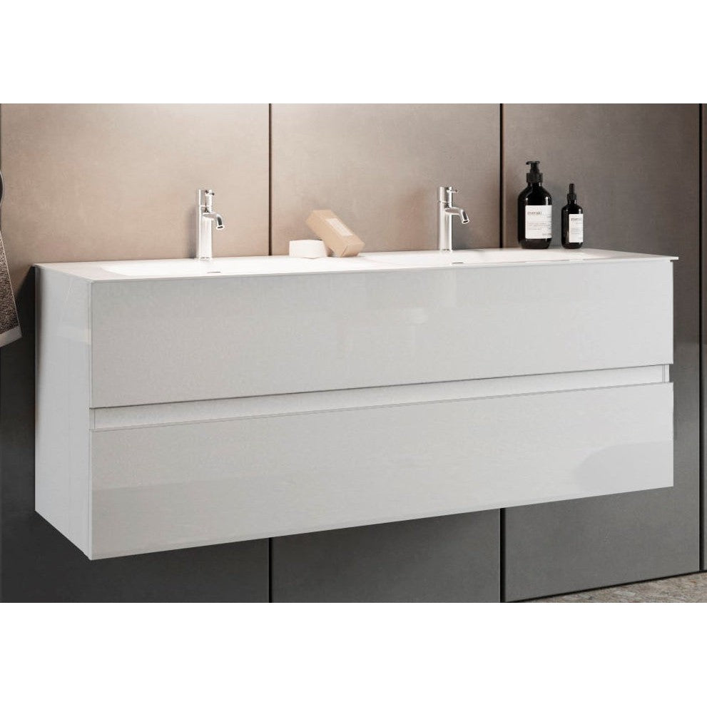 Vivia 2 Drawer White High Gloss 1220mm Wall Hung Double Sink Vanity Unit - FurniComp