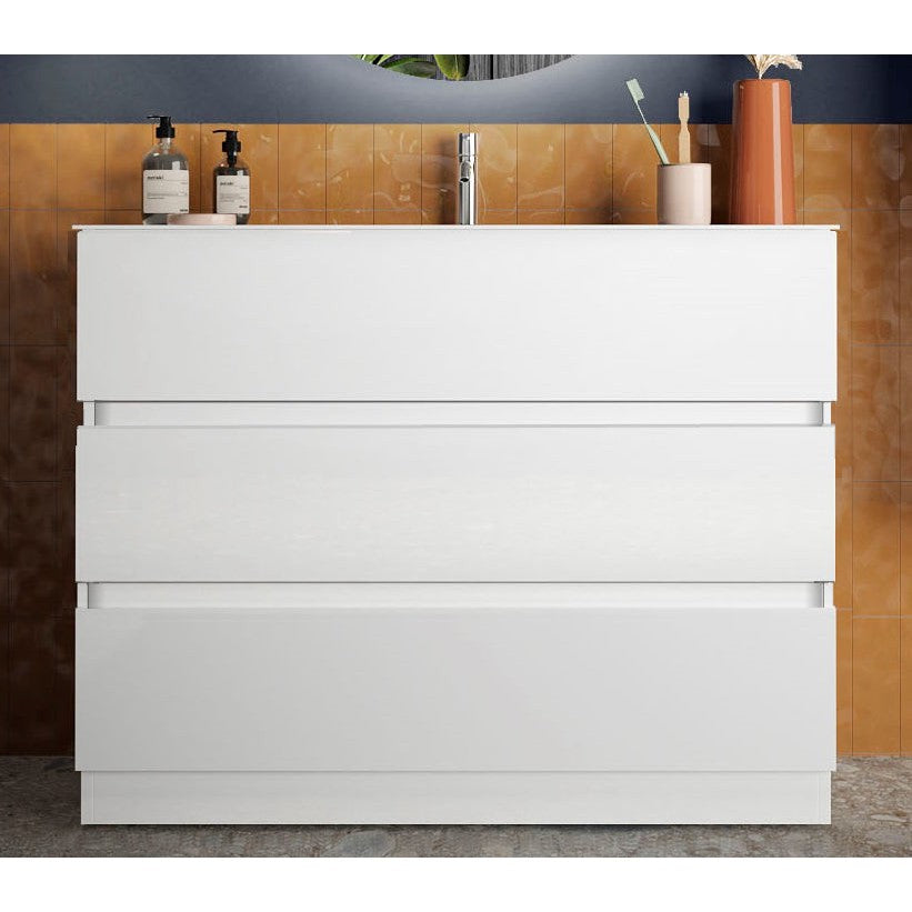 Vivia 3 Drawer White High Gloss 1010mm Free Standing Countertop Vanity Unit - FurniComp