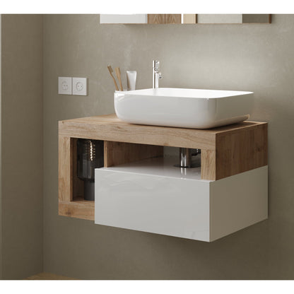 Lorenzo White Gloss & Cadiz Oak 1 Drawer 790mm Wall Hung Vanity Unit with Basin - FurniComp