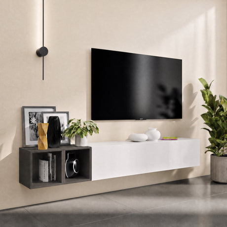 Combo 194cm Floating Wall Hung TV Entertainment Unit – White Gloss & Black Lava - FurniComp