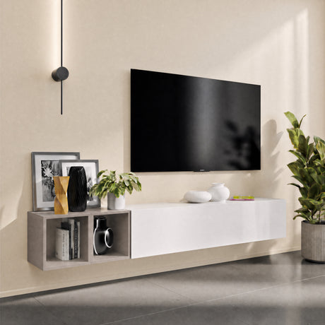 Combo 194cm Floating Wall Hung TV Entertainment Unit – White Gloss & Bronze - FurniComp