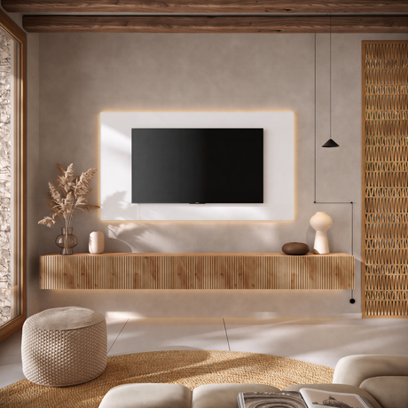 Combo Media Wall Entertainment Unit- White Gloss & Cadiz Oak - FurniComp
