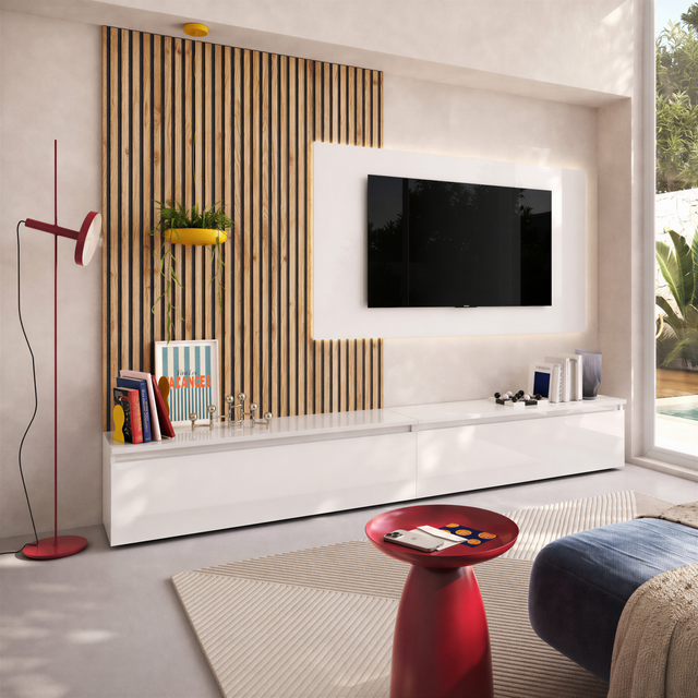 Combo Media Wall Entertainment Unit - White Gloss & Cadiz Oak - FurniComp