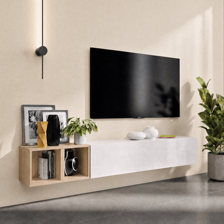 Combo Media Wall Entertainment Unit with Storage – White Gloss & Cadiz Oak COM- 900049-BIK - FurniComp