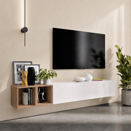 Combo 194cm Floating Wall Hung TV Entertainment Unit – White Gloss & Mercure Oak - FurniComp