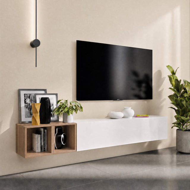 Combo 194cm Floating Wall Hung TV Entertainment Unit – White Gloss & Mercure Oak - FurniComp