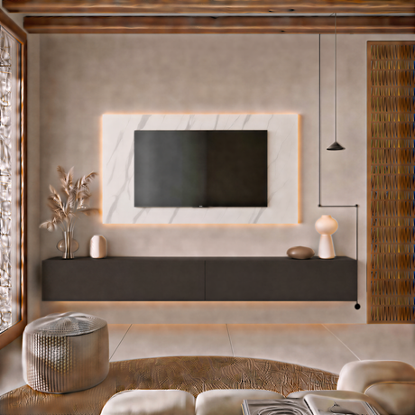 Combo Media Wall Entertainment Unit- White Marble & Black Lava - FurniComp