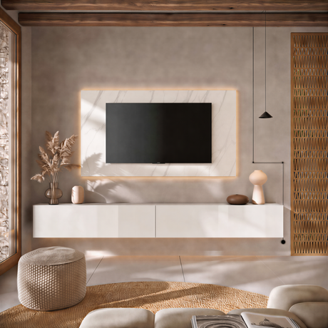 Combo Media Wall Entertainment Unit- White Marble & White Gloss - FurniComp