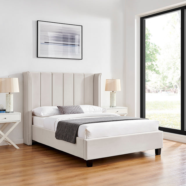 Zaneta Natural Velvet Bed Frame - FurniComp