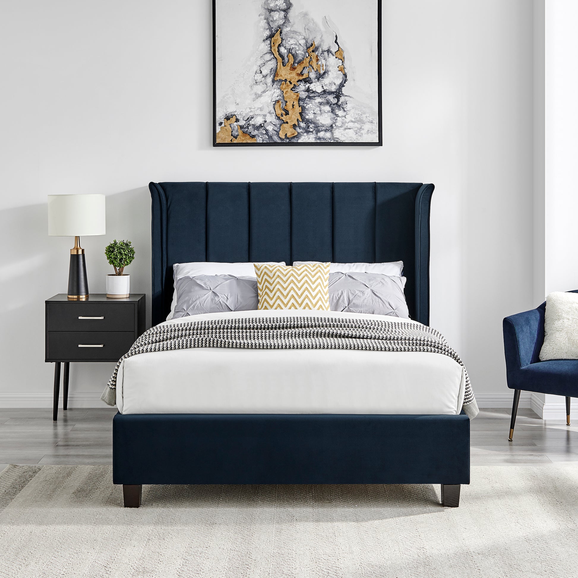 Zaneta Navy Blue Velvet Bed Frame - FurniComp