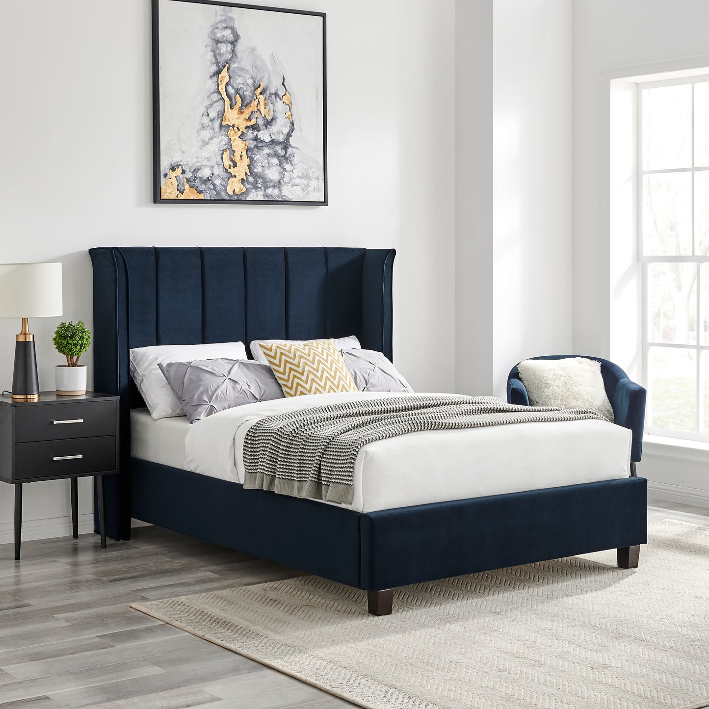 Zaneta Navy Blue Velvet Bed Frame - FurniComp