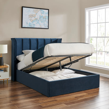 Zaneta Navy Blue Velvet Storage Bed Frame - FurniComp