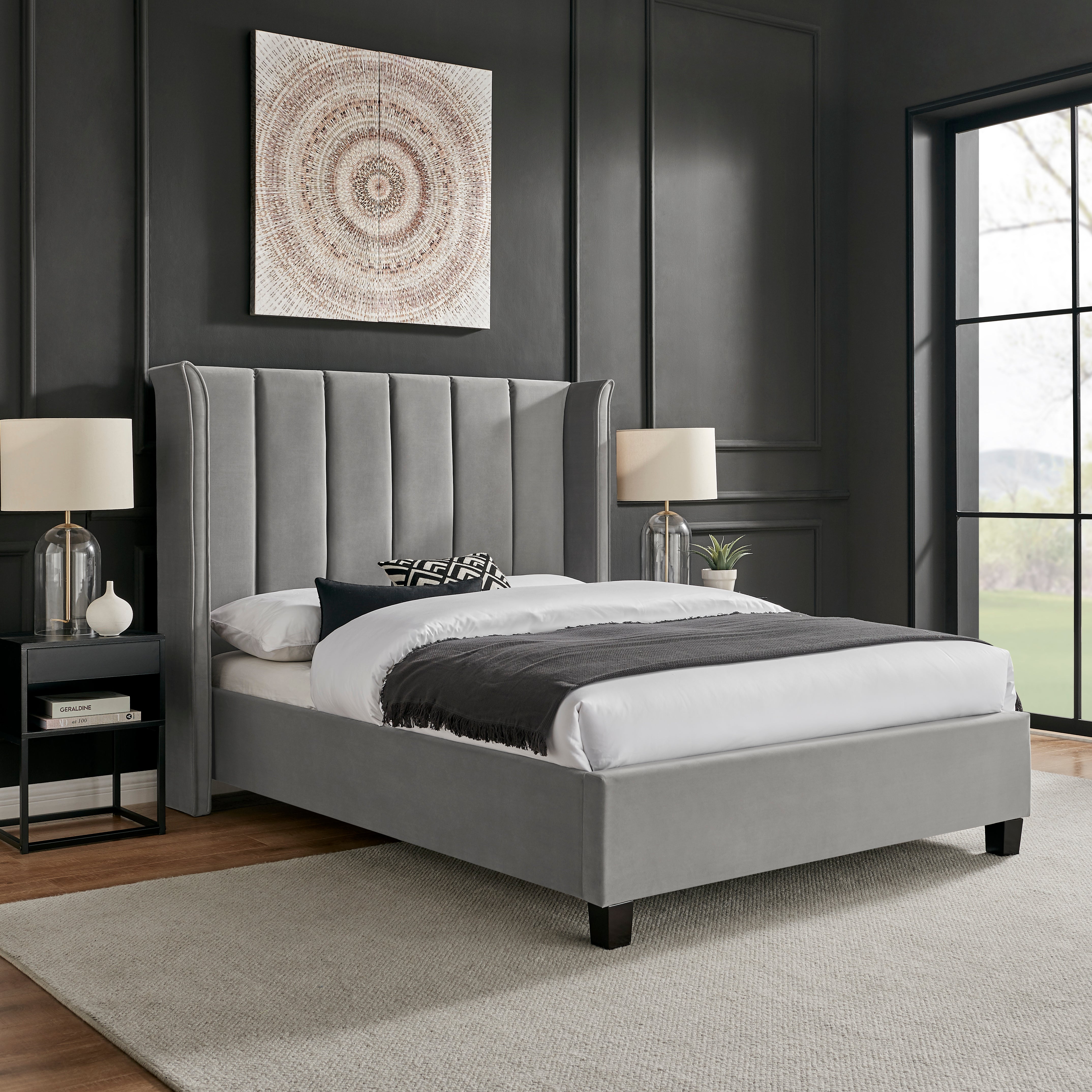 Zaneta Silver Velvet Bed Frame - FurniComp