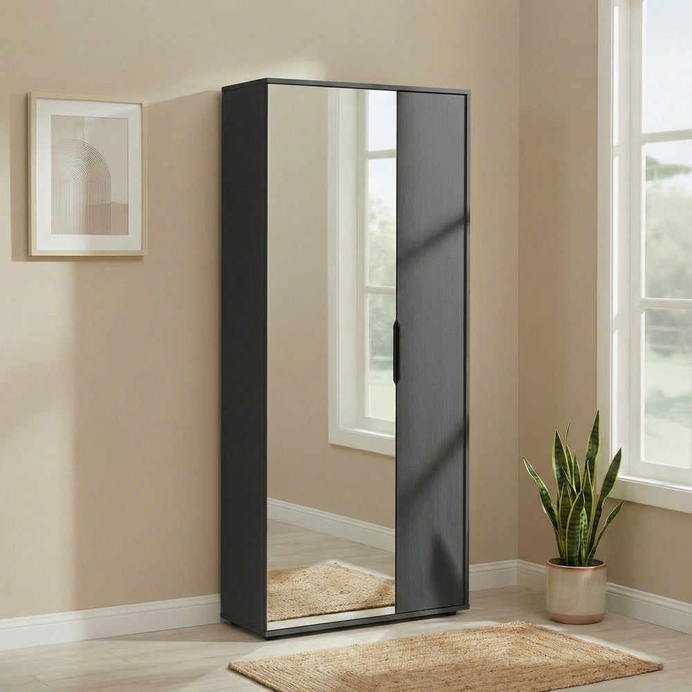 Zurich 2 Door Black Large Tall Mirrored Shoe Storage Cabinet - FurniComp