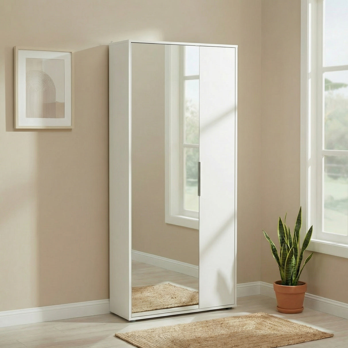 Zurich 2 Door Matt White Large Tall Mirrored Shoe Storage Cabinet - FurniComp