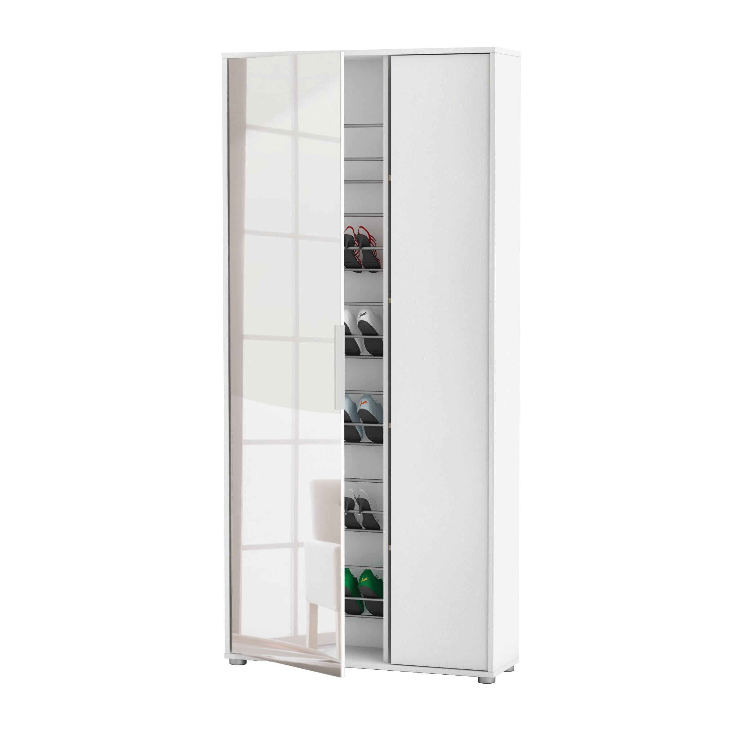 Zurich 2 Door Matt White Large Tall Mirrored Shoe Storage Cabinet - FurniComp