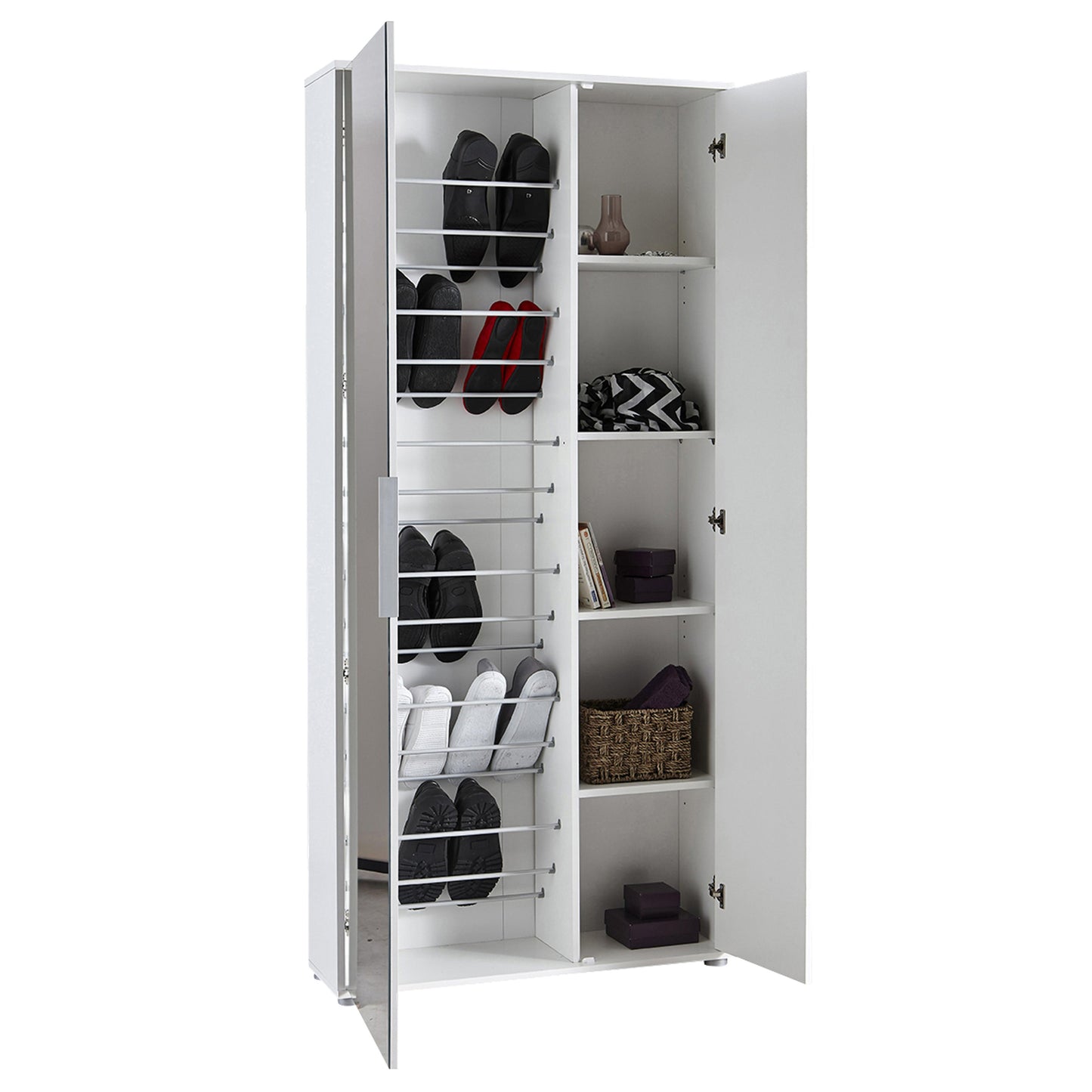 Zurich 2 Door Matt White Large Tall Mirrored Shoe Storage Cabinet - FurniComp