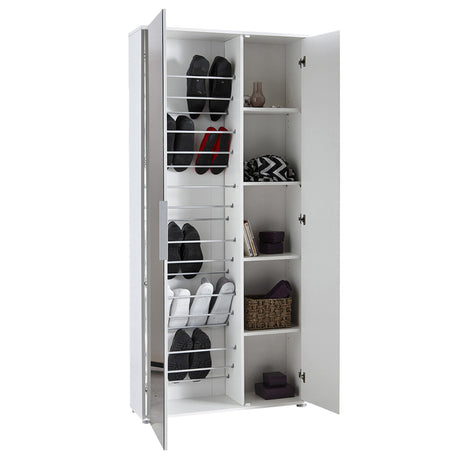 Zurich 2 Door Matt White Large Tall Mirrored Shoe Storage Cabinet - FurniComp