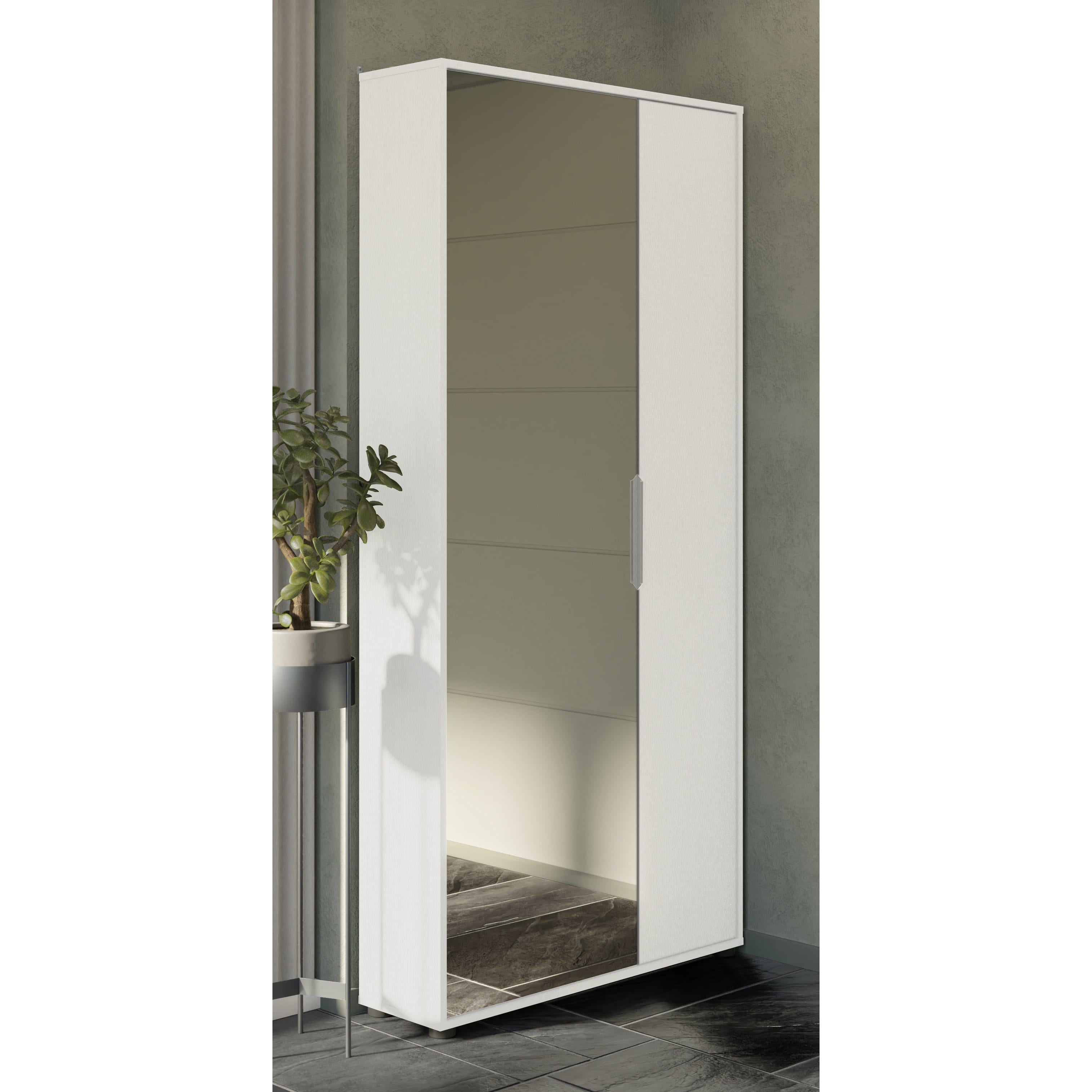 Zurich 2 Door Matt White Large Tall Mirrored Shoe Storage Cabinet - FurniComp