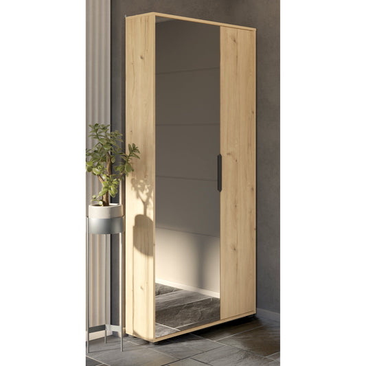 Zurich 2 Door Oak Large Tall Mirrored Shoe Storage Cabinet - FurniComp