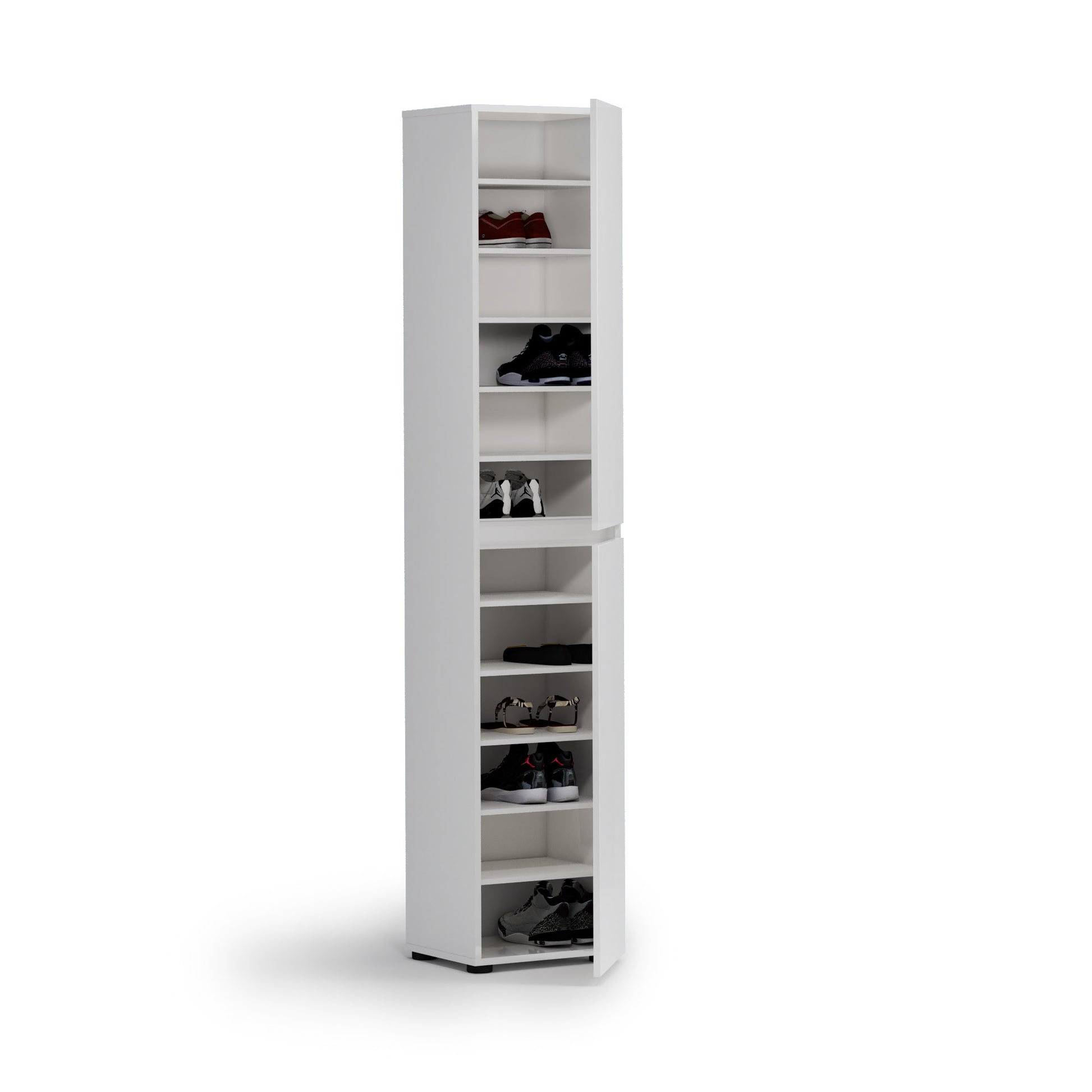 Vida 2 Door 45cm White Gloss Tall Slim Shoe Storage Cabinet Cupboard - FurniComp