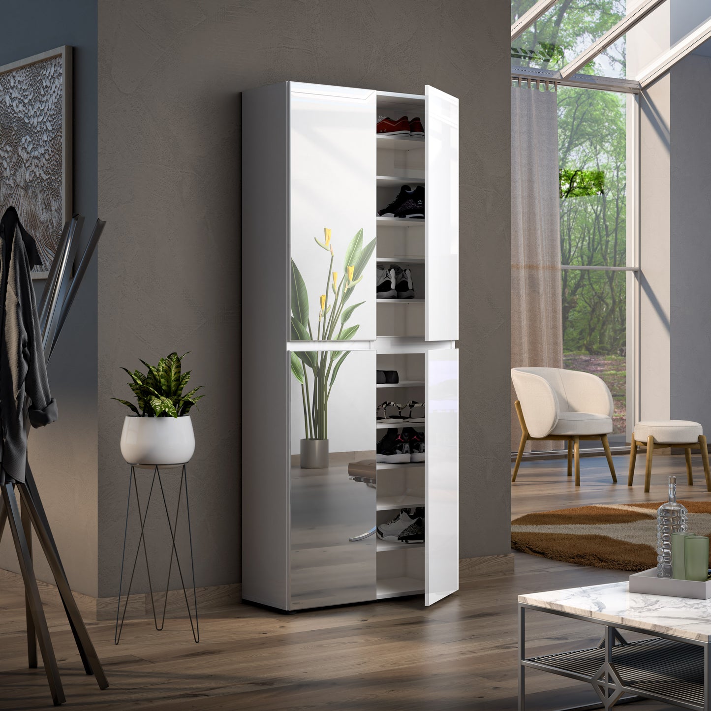 Vida 4 Door 90cm White Gloss Tall Mirrored Slim Shoe Storage Cabinet Cupboard - FurniComp