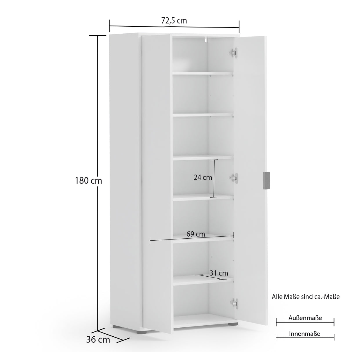 Universal Multi-Use White Gloss Tall 2 Door Storage Utility Cupboard Cabinet - FurniComp