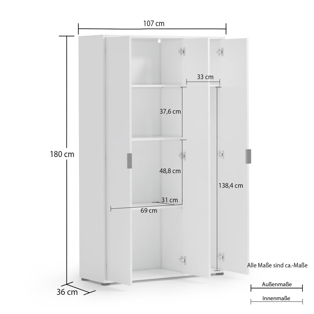 Universal Multi-Use White Gloss Tall 3 Door Storage Utility Cupboard Cabinet - FurniComp