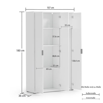 Universal Multi-Use White Gloss Tall 3 Door Storage Utility Cupboard Cabinet - FurniComp