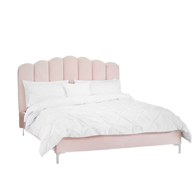 Rose Shell Pink Velvet Fabric Bed Frame - FurniComp