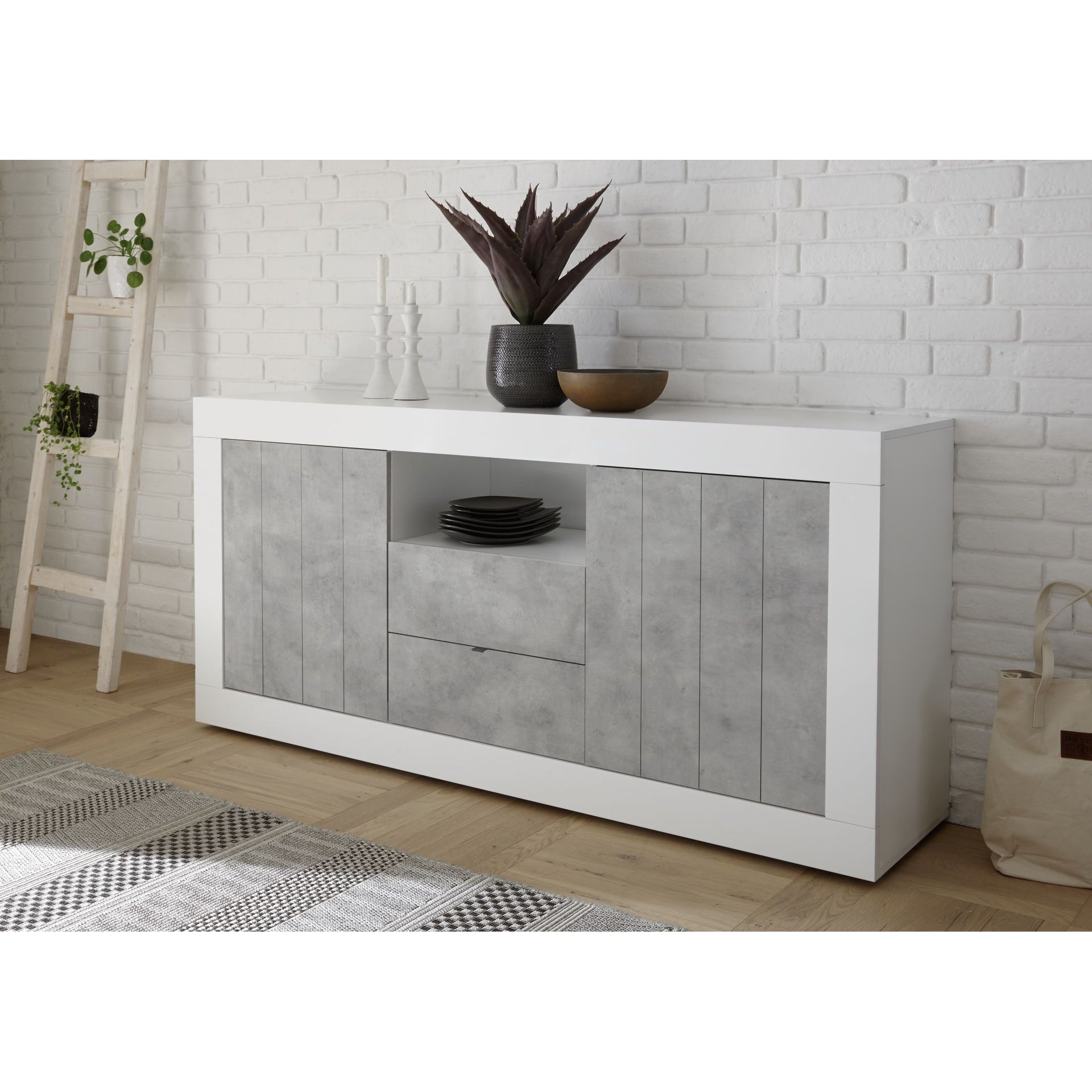 Siena 2 Door 2 Drawer White Gloss and Grey Sideboard - FurniComp