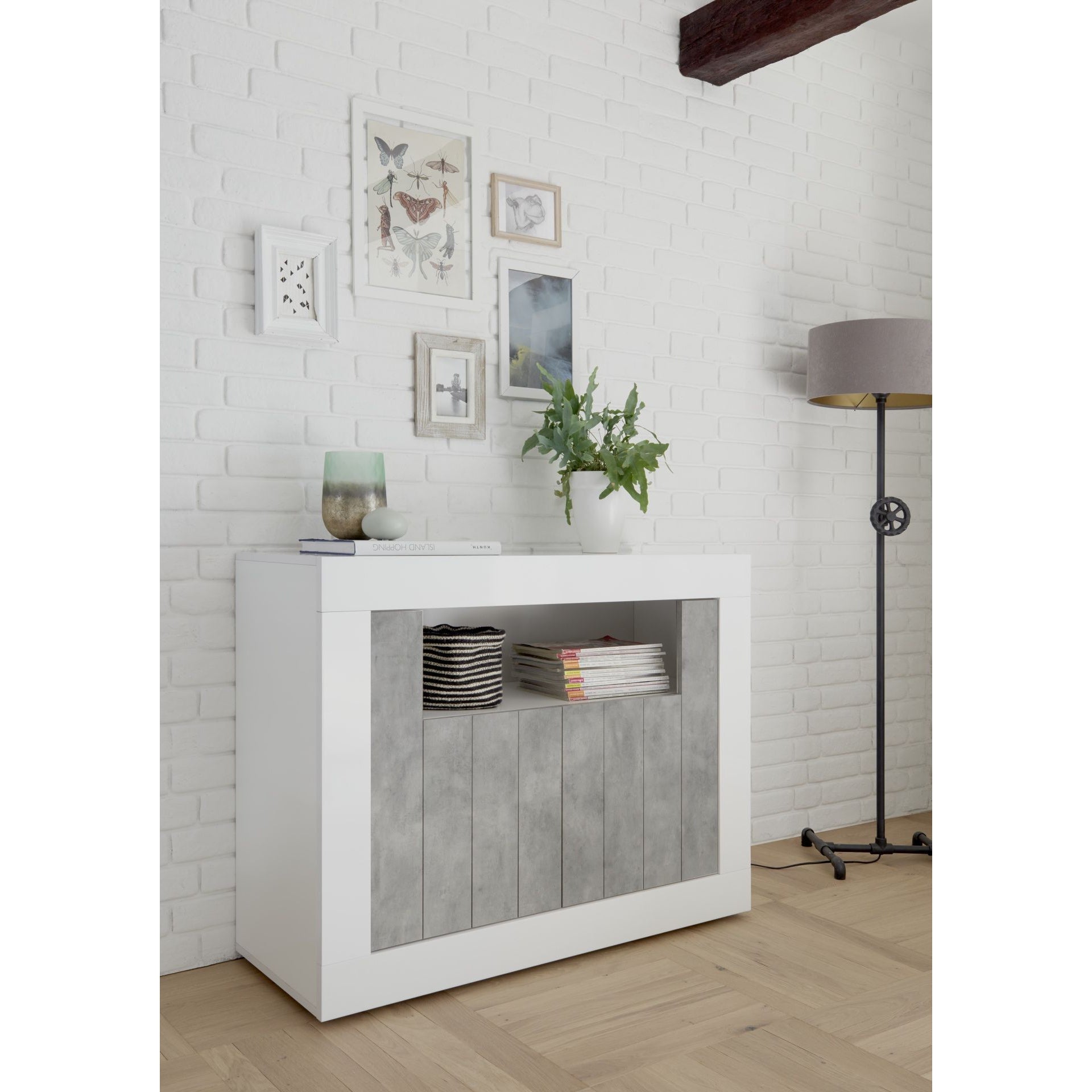 Siena 2 Door White Gloss and Concrete Grey Sideboard - FurniComp