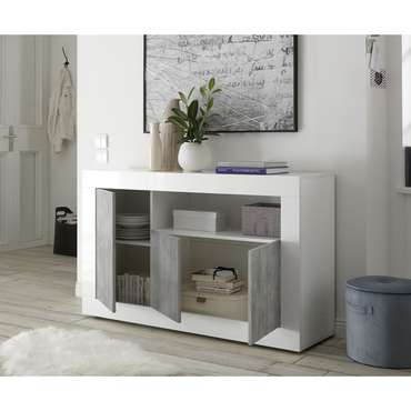 Siena 3 Door White Gloss and Concrete Grey Sideboard - FurniComp